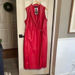 Ashley Graham Bright Red Faux Leather Dress with Notched Collar